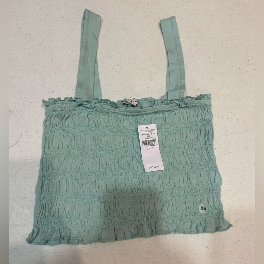 (XS) NWT American Eagle Outfitters Baby Blue Ruffled/Ruched Crop Top